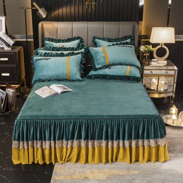 91家纺网 家纺一手货源 找家纺 兴美佳 新款牛奶绒带蕾丝边床裙四件套 自由风 自由风-墨绿