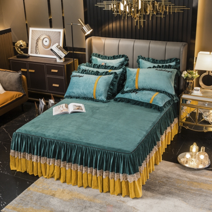 91家纺网 家纺一手货源 找家纺 兴美佳 新款牛奶绒带蕾丝边床裙四件套 自由风 自由风-墨绿