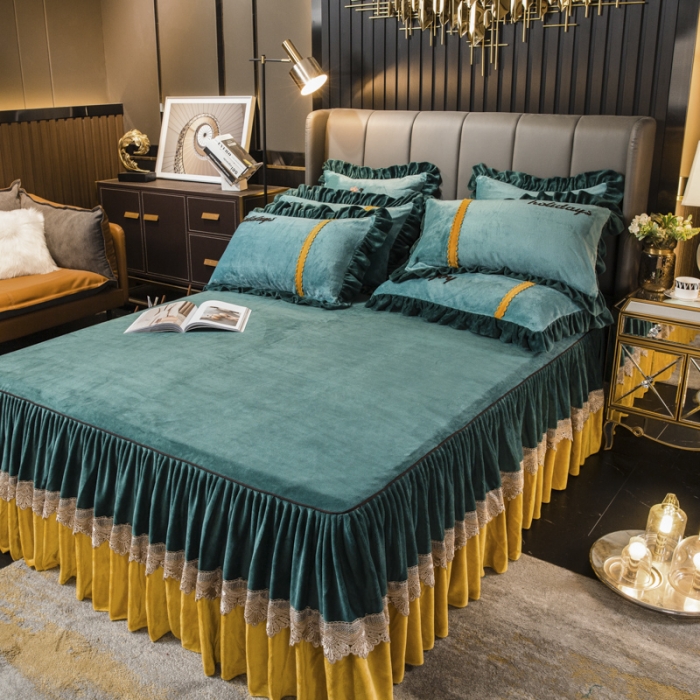 91家纺网 家纺一手货源 找家纺 兴美佳 新款牛奶绒带蕾丝边床裙四件套 自由风 自由风-墨绿