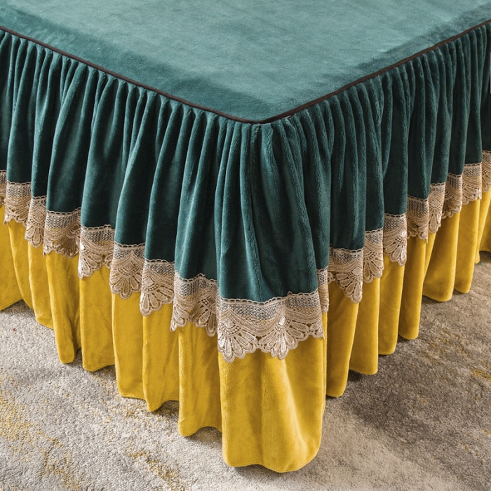 91家纺网 家纺一手货源 找家纺 兴美佳 新款牛奶绒带蕾丝边床裙四件套 自由风 自由风-墨绿