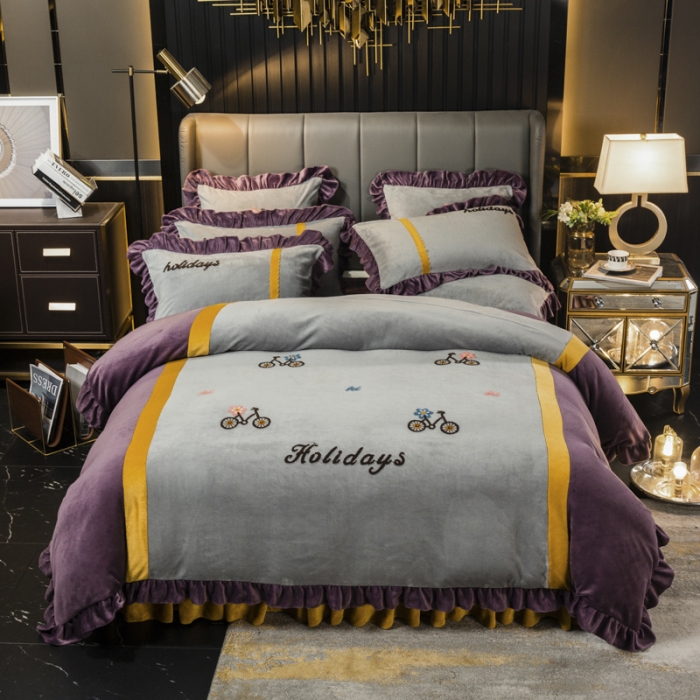 91家纺网 家纺一手货源 找家纺 兴美佳 新款牛奶绒带蕾丝边床裙四件套 自由风 自由风-紫罗兰