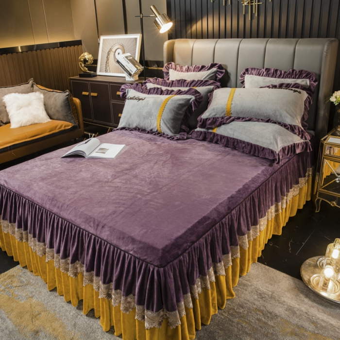91家纺网 家纺一手货源 找家纺 兴美佳 新款牛奶绒带蕾丝边床裙四件套 自由风 自由风-紫罗兰