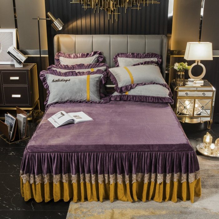 91家纺网 家纺一手货源 找家纺 兴美佳 新款牛奶绒带蕾丝边床裙四件套 自由风 自由风-紫罗兰