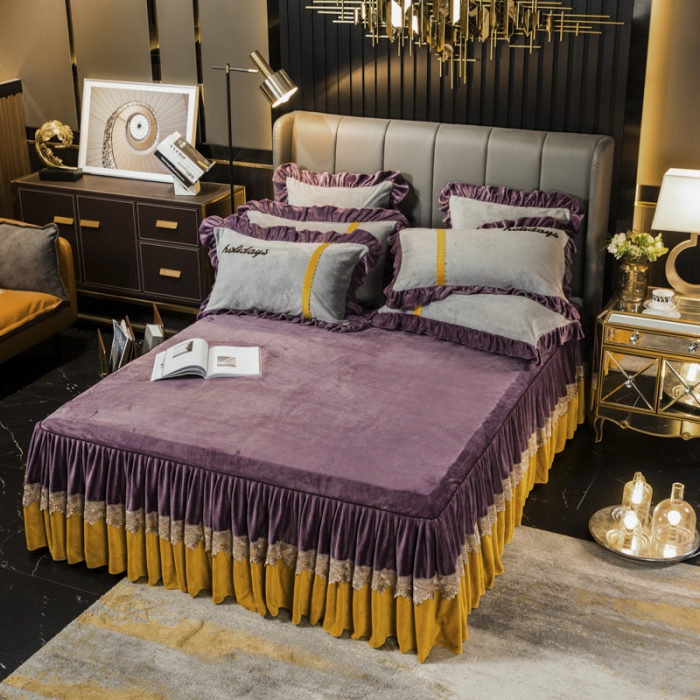 91家纺网 家纺一手货源 找家纺 兴美佳 新款牛奶绒带蕾丝边床裙四件套 自由风 自由风-紫罗兰