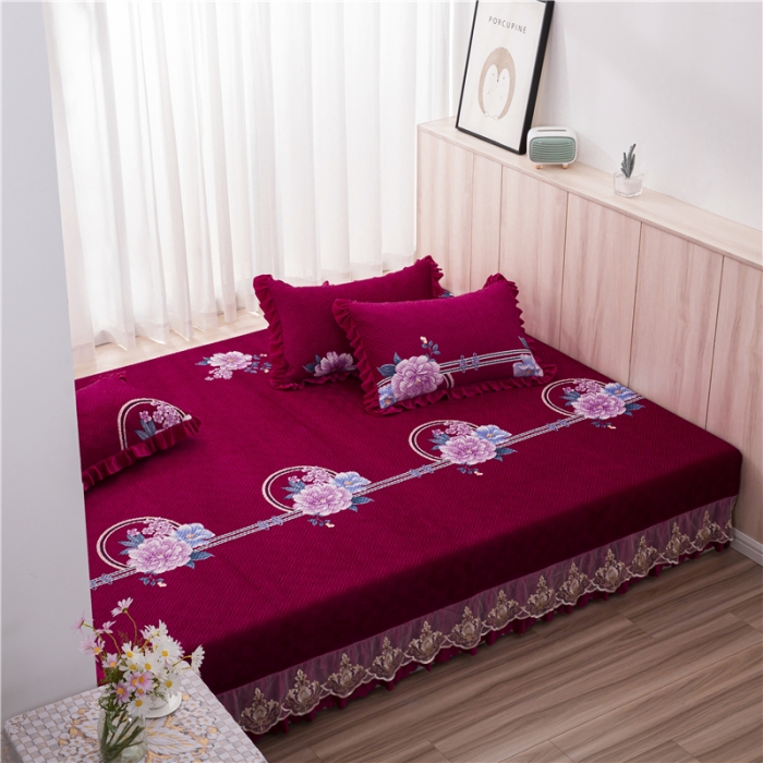 91家纺网 家纺一手货源 找家纺 冬然 2020升级款榻榻米水晶绒床盖炕盖 花好月圆-大红