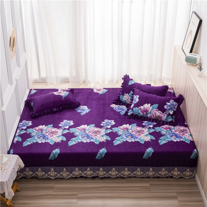 91家纺网 家纺一手货源 找家纺 冬然 2020升级款榻榻米水晶绒床盖炕盖 花开盛世-紫