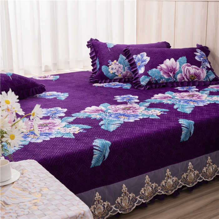 91家纺网 家纺一手货源 找家纺 冬然 2020升级款榻榻米水晶绒床盖炕盖 花开盛世-紫