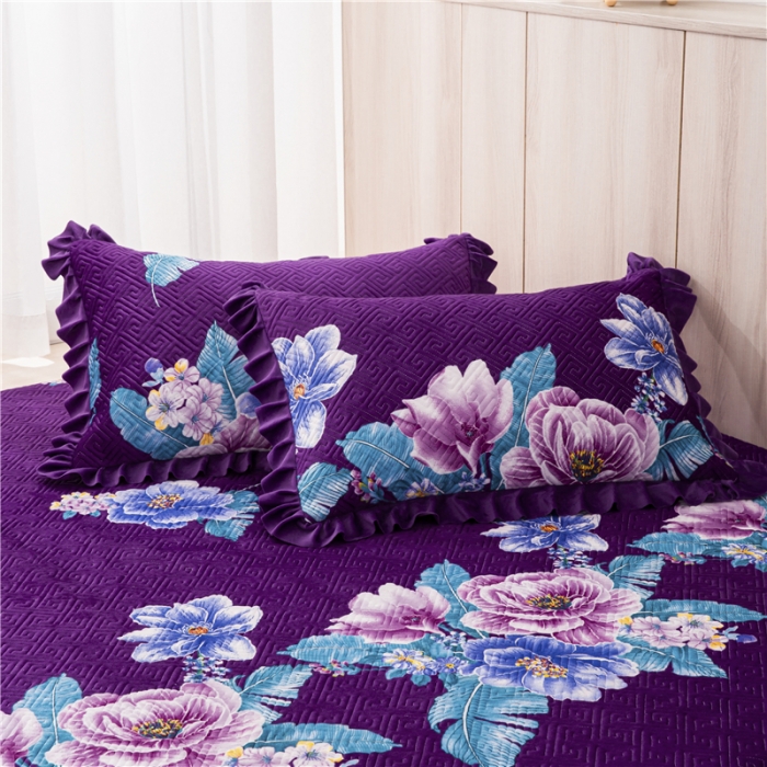 91家纺网 家纺一手货源 找家纺 冬然 2020升级款榻榻米水晶绒床盖炕盖 花开盛世-紫
