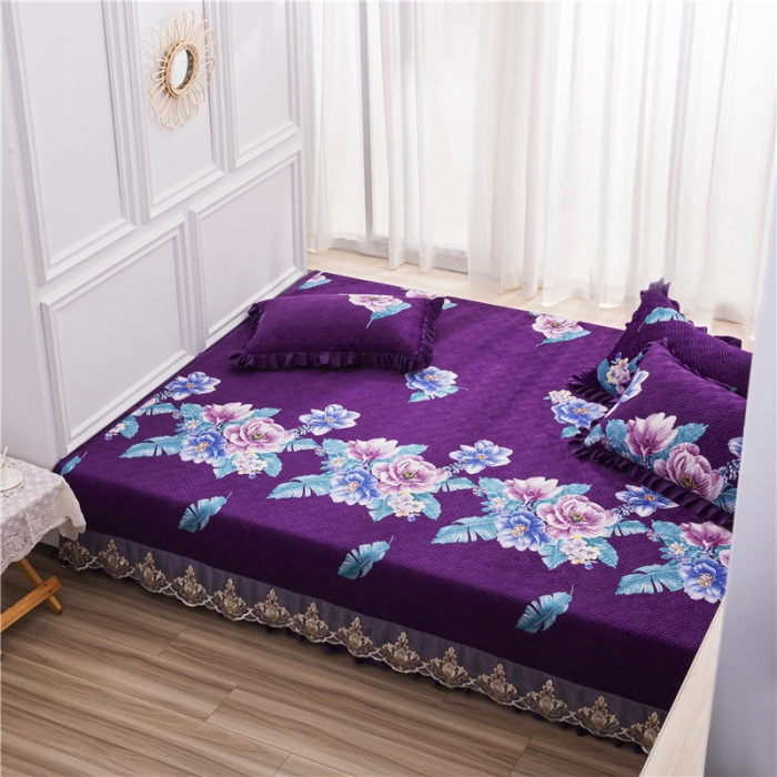 91家纺网 家纺一手货源 找家纺 冬然 2020升级款榻榻米水晶绒床盖炕盖 花开盛世-紫