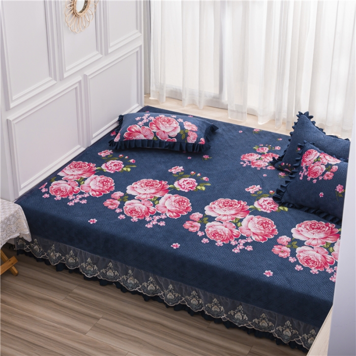 91家纺网 家纺一手货源 找家纺 冬然 2020升级款榻榻米水晶绒床盖炕盖 花团锦簇-兰