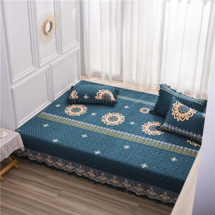 91家纺网 家纺一手货源 找家纺 冬然 2020升级款榻榻米水晶绒床盖炕盖 陌上花开-深绿