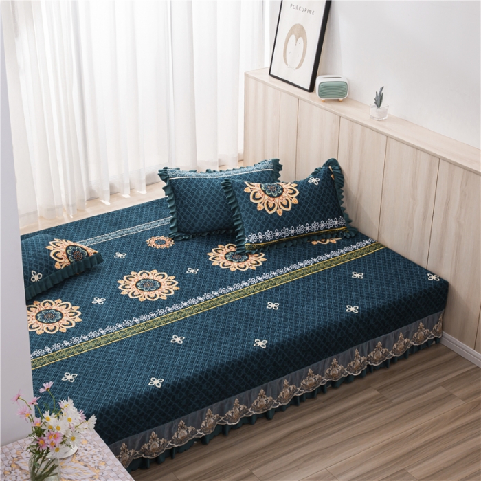 91家纺网 家纺一手货源 找家纺 冬然 2020升级款榻榻米水晶绒床盖炕盖 陌上花开-深绿