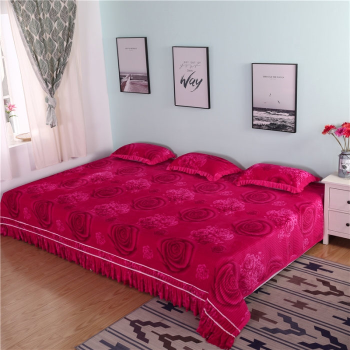 91家纺网 家纺一手货源 找家纺 冬然 2020新款水晶绒榻榻米床盖炕盖 爱情玫瑰-玫红