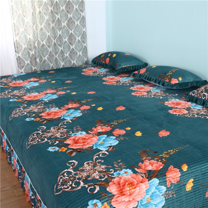91家纺网 家纺一手货源 找家纺 冬然 2020新款水晶绒榻榻米床盖炕盖 闭月羞花-墨绿