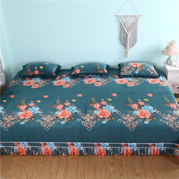 91家纺网 家纺一手货源 找家纺 冬然 2020新款水晶绒榻榻米床盖炕盖 闭月羞花-墨绿