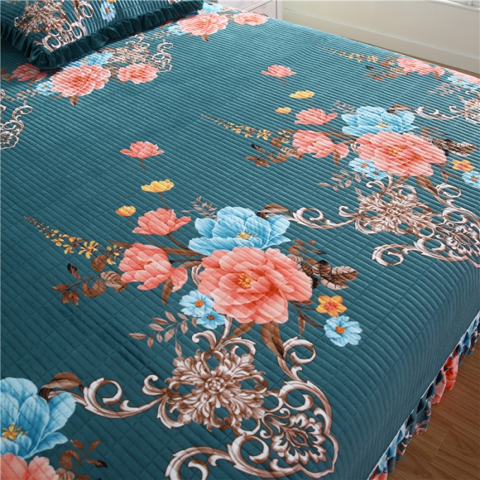 91家纺网 家纺一手货源 找家纺 冬然 2020新款水晶绒榻榻米床盖炕盖 闭月羞花-墨绿