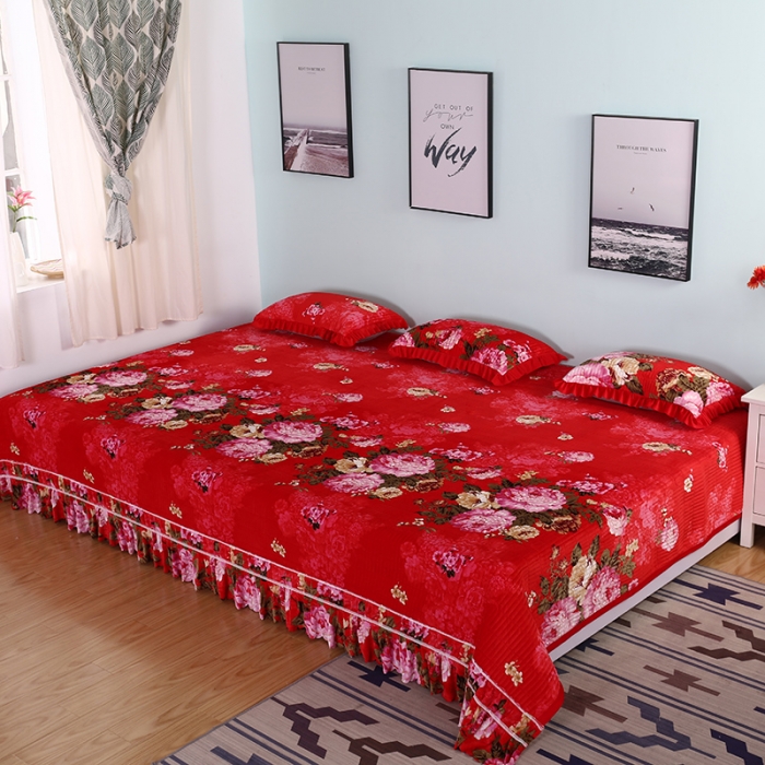 91家纺网 家纺一手货源 找家纺 冬然 2020新款水晶绒榻榻米床盖炕盖 花开富贵-大红