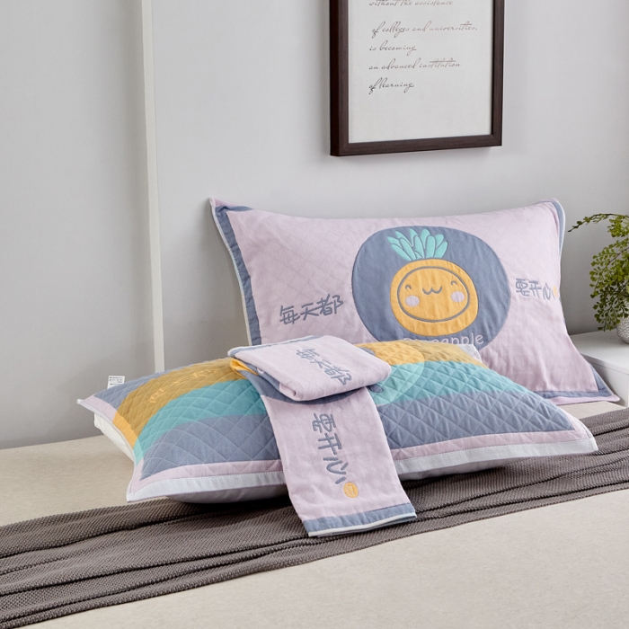 91家纺网 家纺一手货源 找家纺 朴尔 2020新款彩色糖果纯棉三层纱布枕巾 开心菠萝