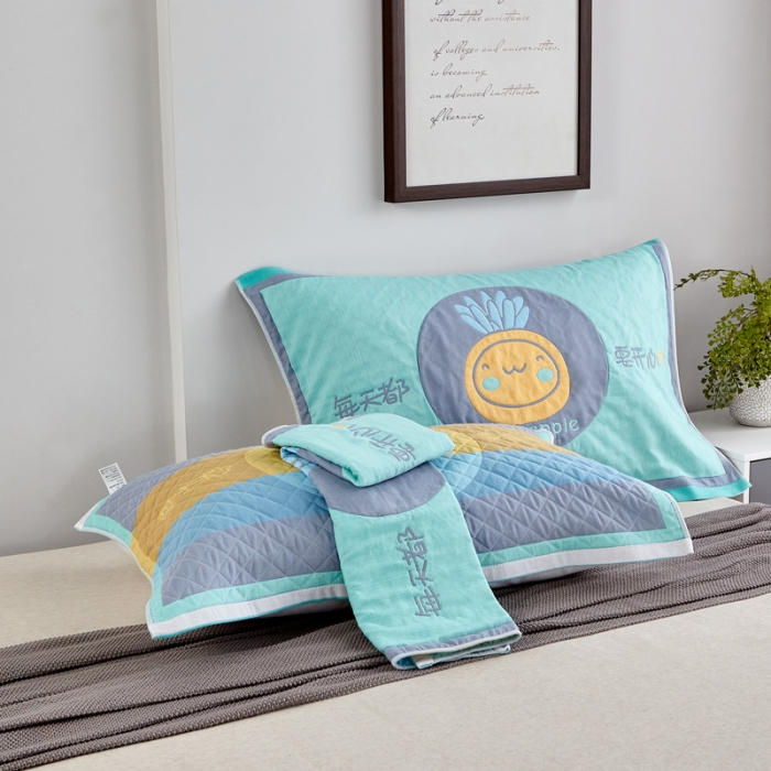 91家纺网 家纺一手货源 找家纺 朴尔 2020新款彩色糖果纯棉三层纱布枕巾 开心菠萝绿