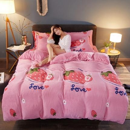 91家纺网 家纺一手货源 找家纺 迷仙巢 2020新款160克法莱绒印花四件套 草莓