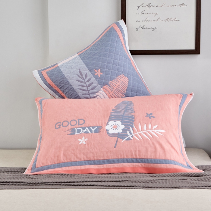 91家纺网 家纺一手货源 找家纺 朴尔 2020新款彩色糖果纯棉三层纱布枕巾 美好的一天橘色