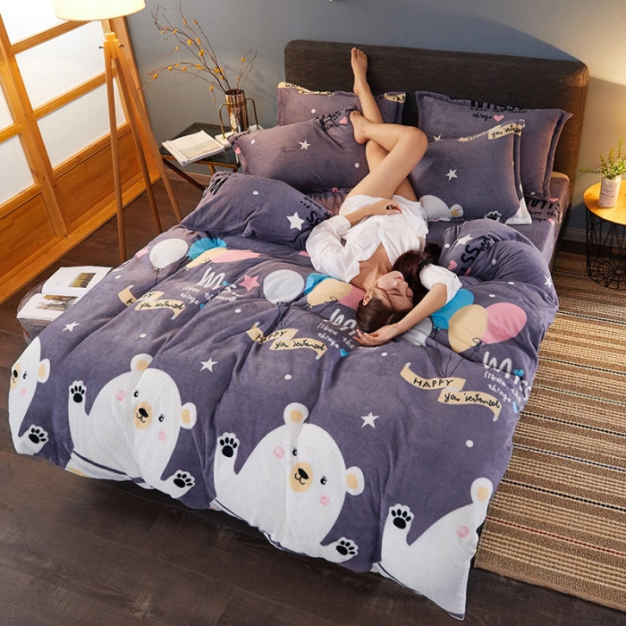 91家纺网 家纺一手货源 找家纺 迷仙巢 2020新款160克法莱绒印花四件套 白熊