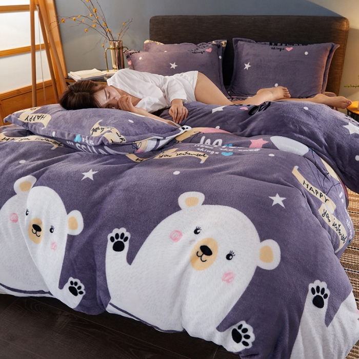 91家纺网 家纺一手货源 找家纺 迷仙巢 2020新款160克法莱绒印花四件套 白熊