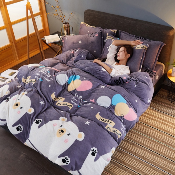 91家纺网 家纺一手货源 找家纺 迷仙巢 2020新款160克法莱绒印花四件套 白熊