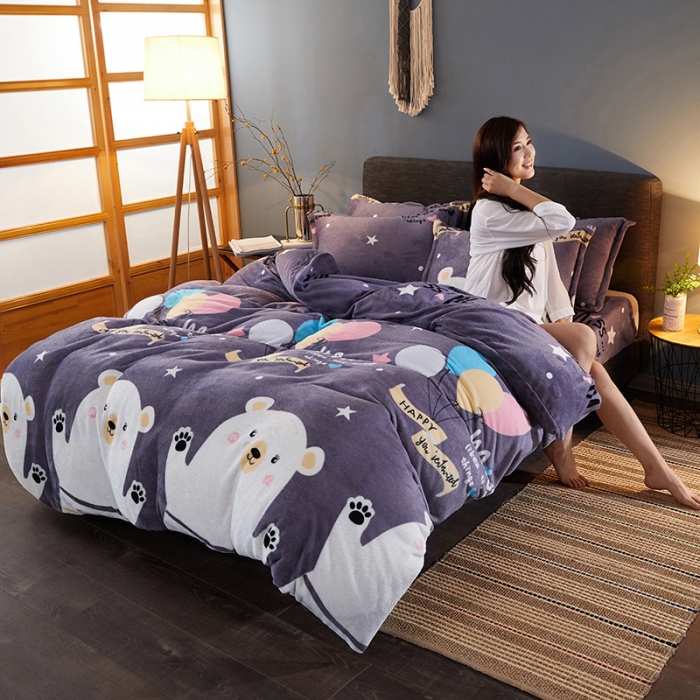 91家纺网 家纺一手货源 找家纺 迷仙巢 2020新款160克法莱绒印花四件套 白熊