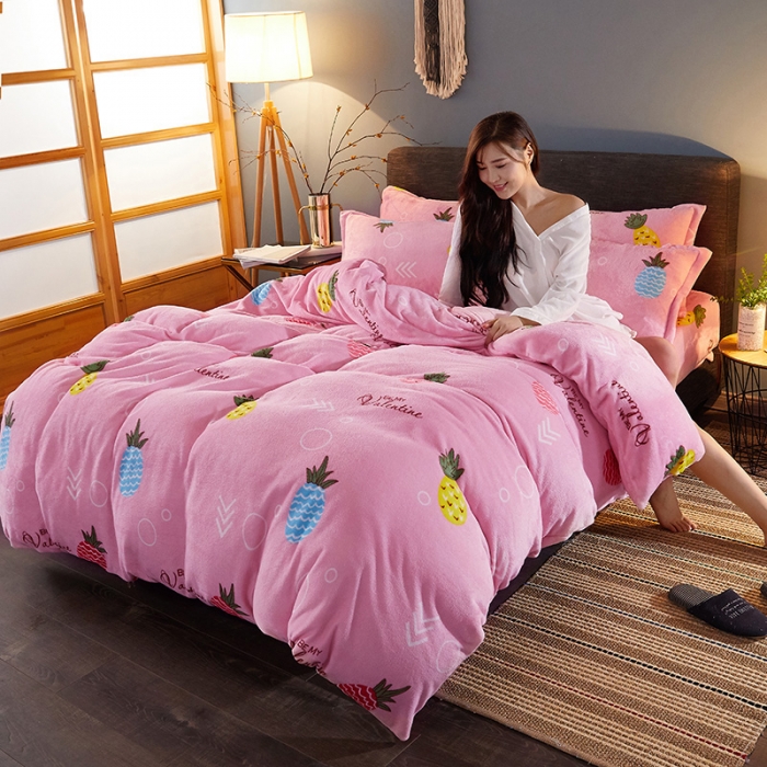 91家纺网 家纺一手货源 找家纺 迷仙巢 2020新款160克法莱绒印花四件套 菠萝