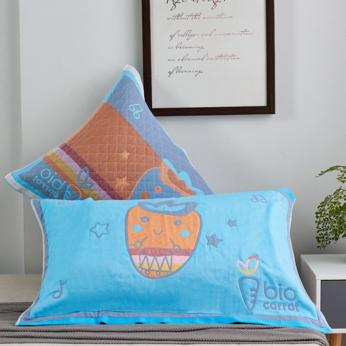 91家纺网 家纺一手货源 找家纺 朴尔 2020新款彩色糖果纯棉三层纱布枕巾 调皮胡萝卜蓝