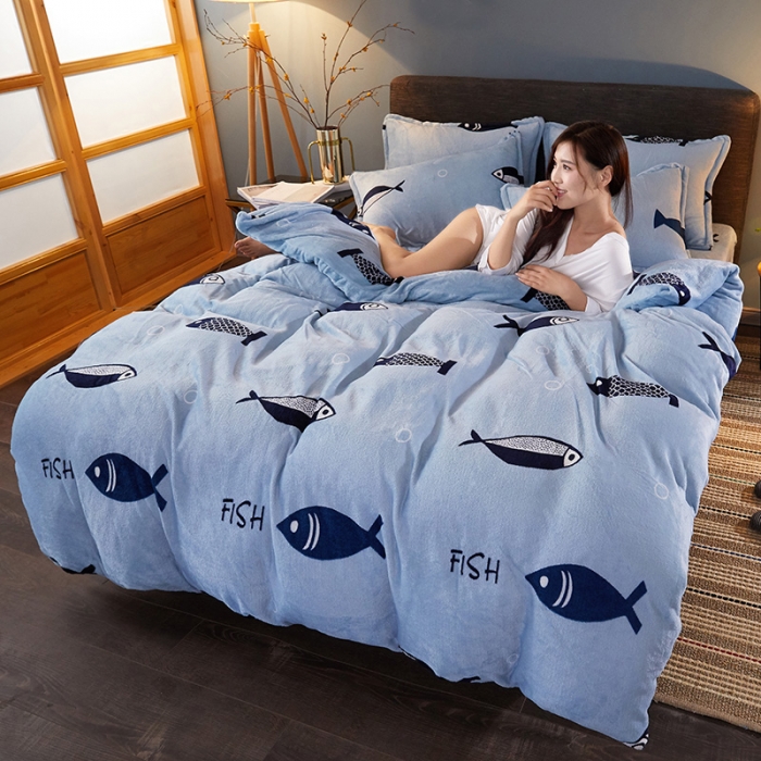 91家纺网 家纺一手货源 找家纺 迷仙巢 2020新款160克法莱绒印花四件套 多鱼