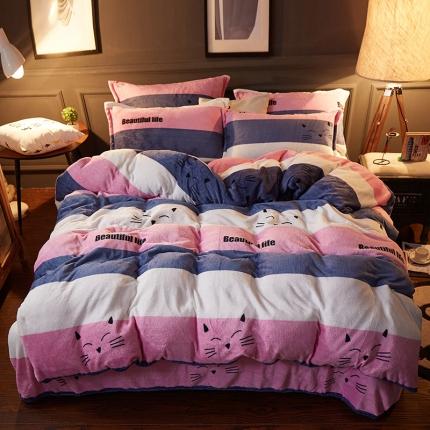 迷仙巢 2020新款160克法莱绒印花四件套 猫咪爱