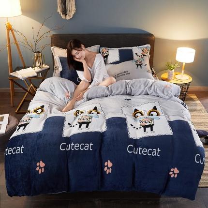 91家纺网 家纺一手货源 找家纺 迷仙巢 2020新款160克法莱绒印花四件套 淘气猫