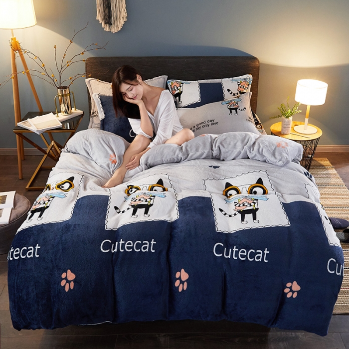 91家纺网 家纺一手货源 找家纺 迷仙巢 2020新款160克法莱绒印花四件套 淘气猫