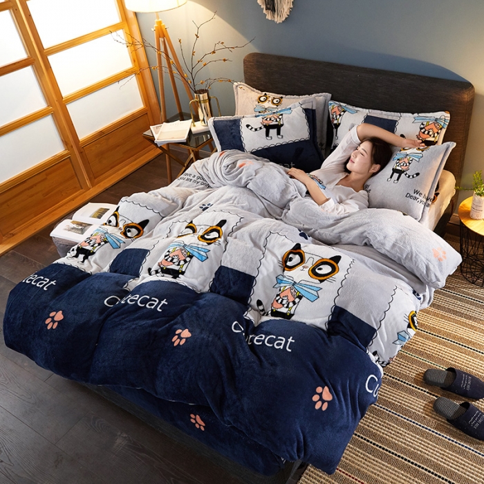 91家纺网 家纺一手货源 找家纺 迷仙巢 2020新款160克法莱绒印花四件套 淘气猫