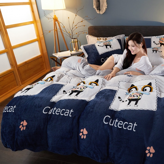 91家纺网 家纺一手货源 找家纺 迷仙巢 2020新款160克法莱绒印花四件套 淘气猫