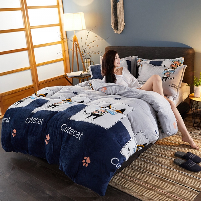 91家纺网 家纺一手货源 找家纺 迷仙巢 2020新款160克法莱绒印花四件套 淘气猫