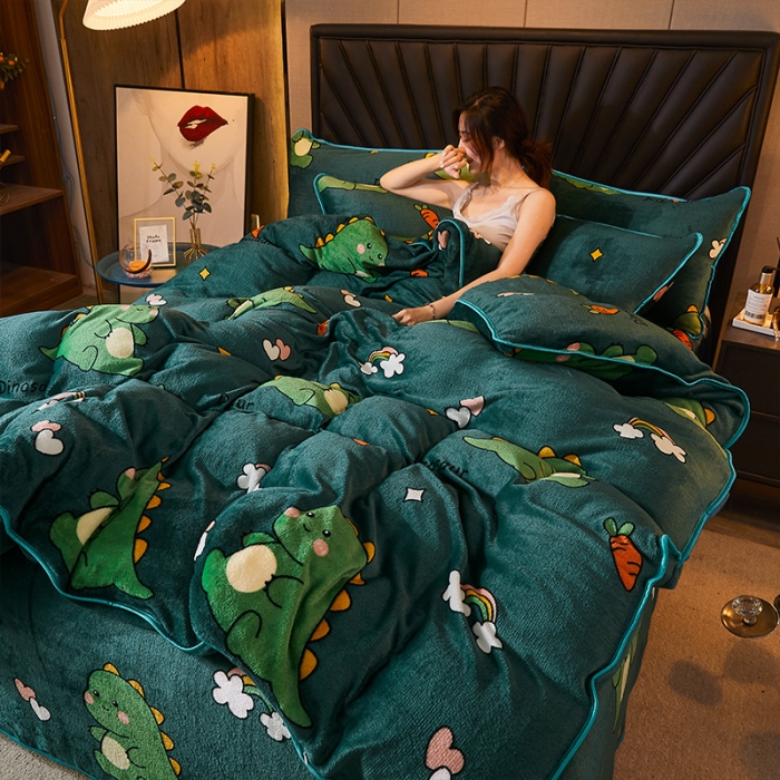 91家纺网 家纺一手货源 找家纺 迷仙巢 2020新款牛奶金貂绒四件套 恐龙