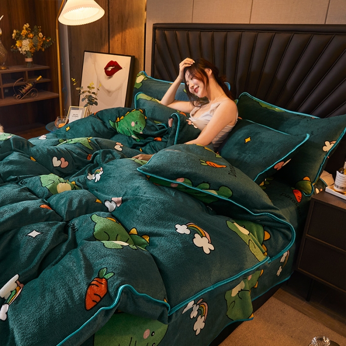 91家纺网 家纺一手货源 找家纺 迷仙巢 2020新款牛奶金貂绒四件套 恐龙