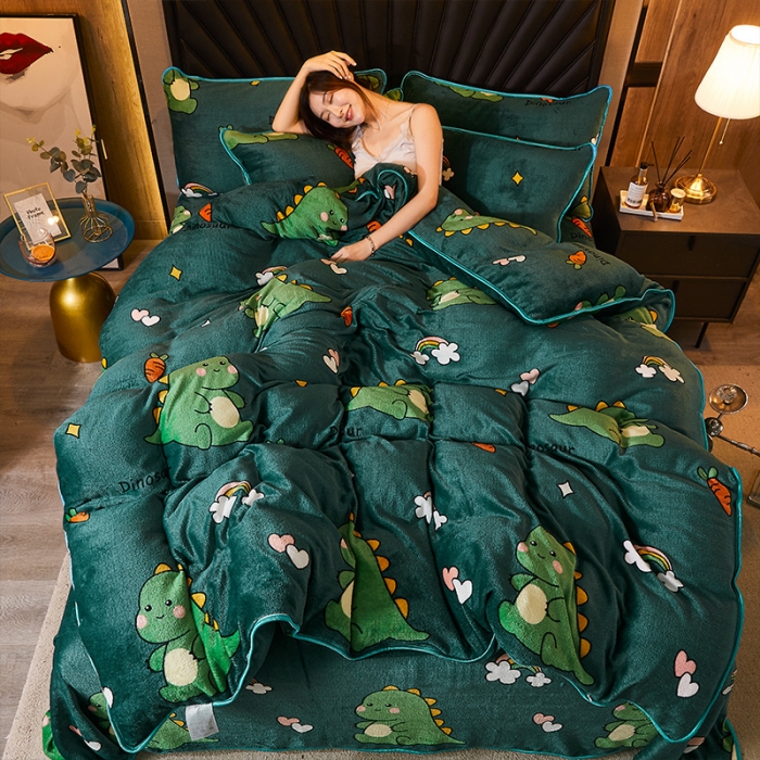 91家纺网 家纺一手货源 找家纺 迷仙巢 2020新款牛奶金貂绒四件套 恐龙