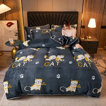 91家纺网 家纺一手货源 找家纺 迷仙巢 2020新款牛奶金貂绒四件套 猫咪