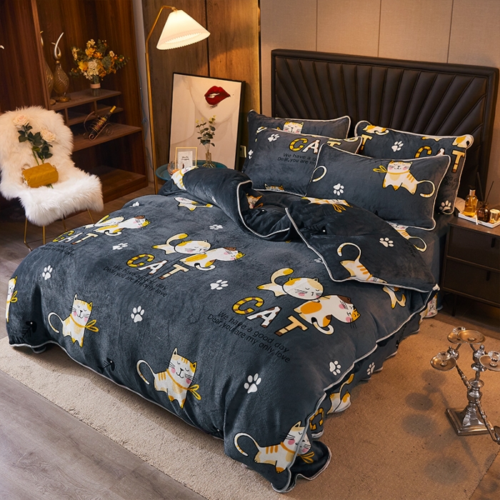 91家纺网 家纺一手货源 找家纺 迷仙巢 2020新款牛奶金貂绒四件套 猫咪