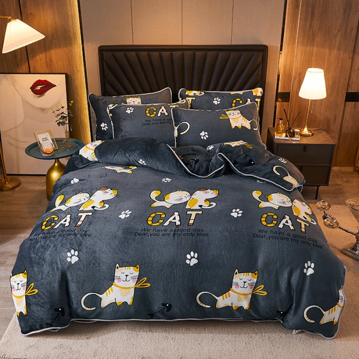 91家纺网 家纺一手货源 找家纺 迷仙巢 2020新款牛奶金貂绒四件套 猫咪