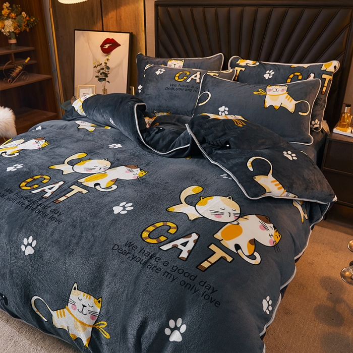 91家纺网 家纺一手货源 找家纺 迷仙巢 2020新款牛奶金貂绒四件套 猫咪