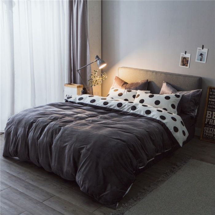 91家纺网 家纺一手货源 找家纺 艾佳 2025新款全棉棉加绒男士风宝宝水晶绒四件套圆点-深灰