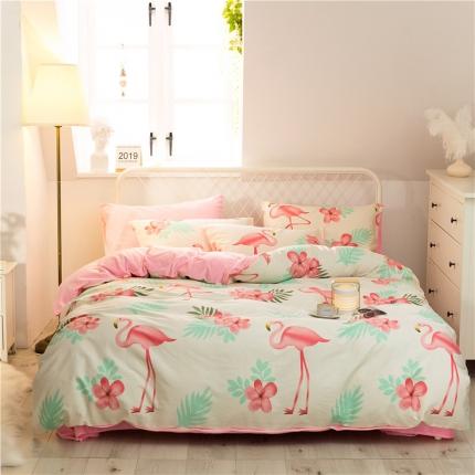 91家纺网 家纺一手货源 找家纺 艾佳 2025新款全棉棉加绒男士风宝宝水晶绒四件套 火烈鸟