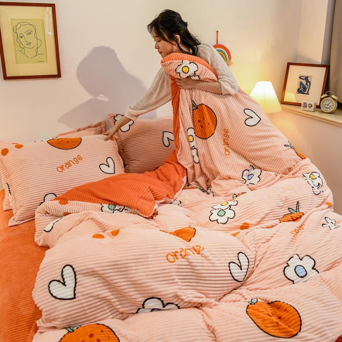 91家纺网 家纺一手货源 找家纺 佰亿莱 2024新款魔法绒四件套 清新蜜桔