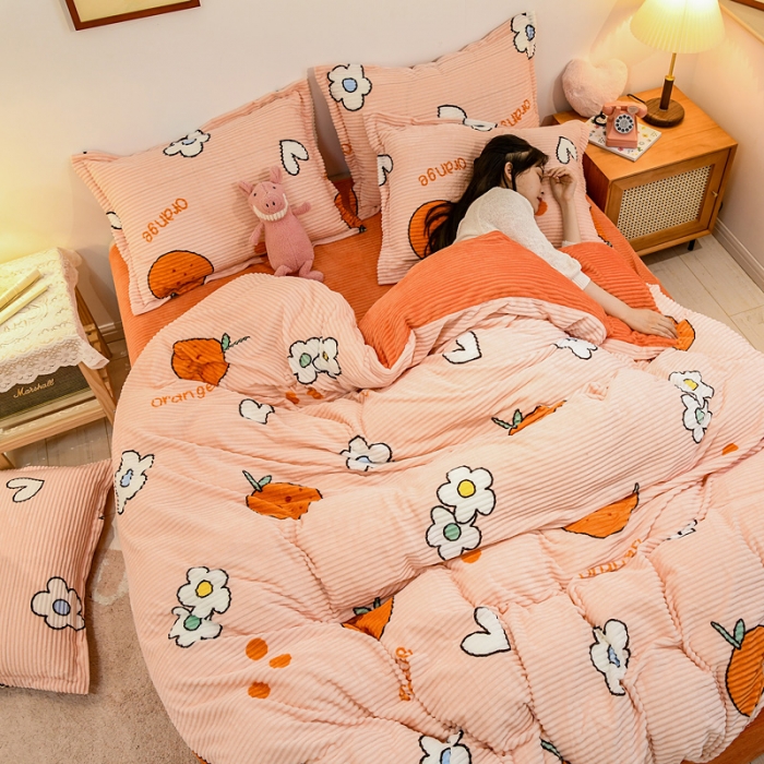 91家纺网 家纺一手货源 找家纺 佰亿莱 2024新款魔法绒四件套 清新蜜桔