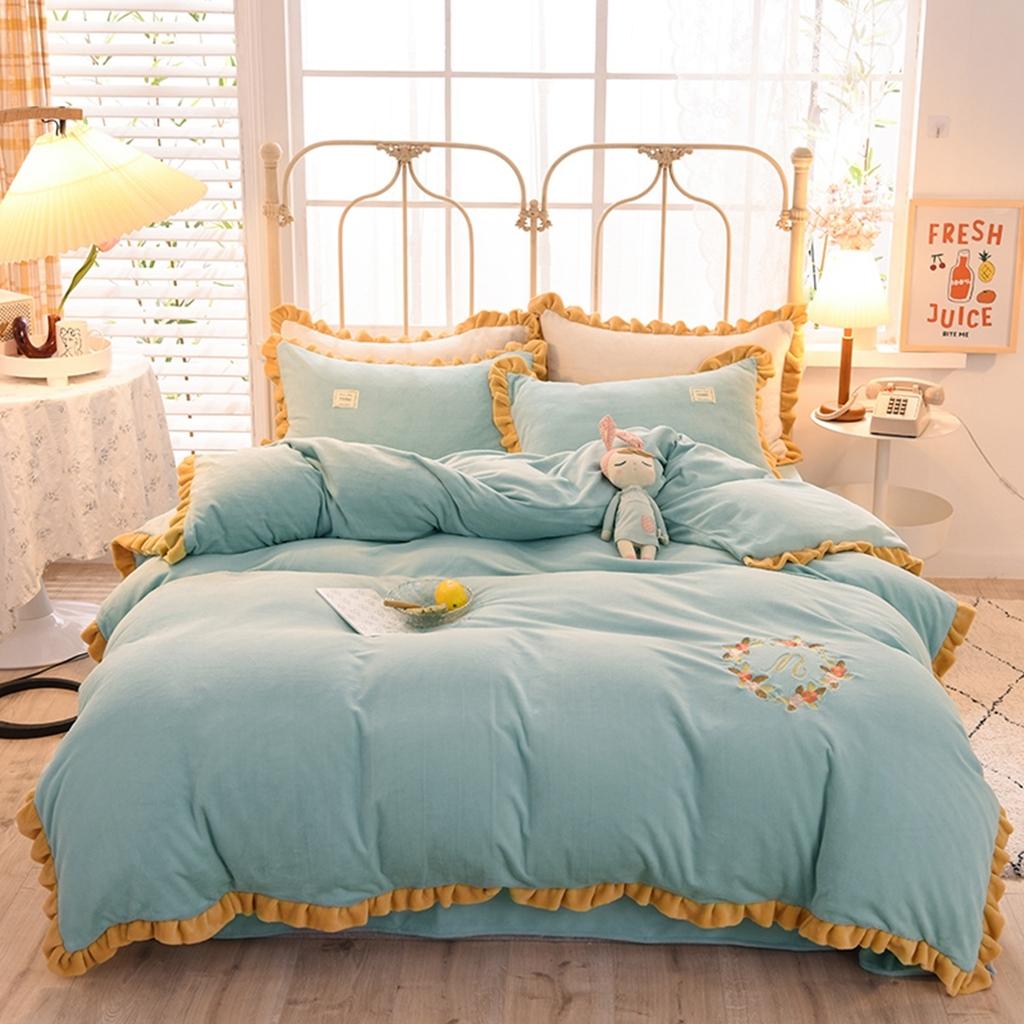 91家纺网 家纺一手货源 找家纺 艾米家居 2020新款牛奶绒四件套花语系列 豆绿